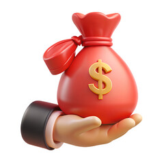 Animated hand holding a red money bag with golden dollar sign representing financial success