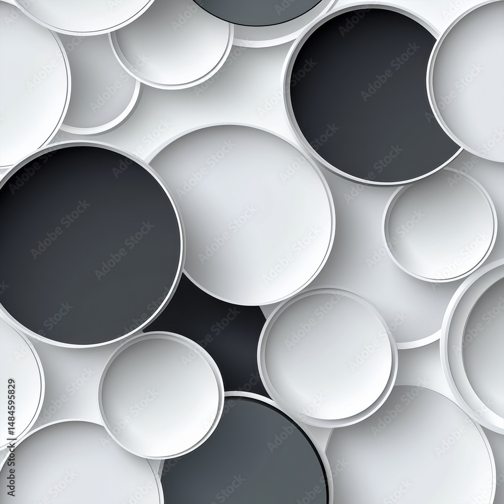 Poster a dynamic interplay of gray white circles in an elegant dance of shadow on transparent background
