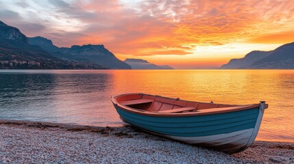 A tranquil lakeside scene at sunset, showcasing a calm body of water reflecting vibrant orange and yellow hues in the sky.
