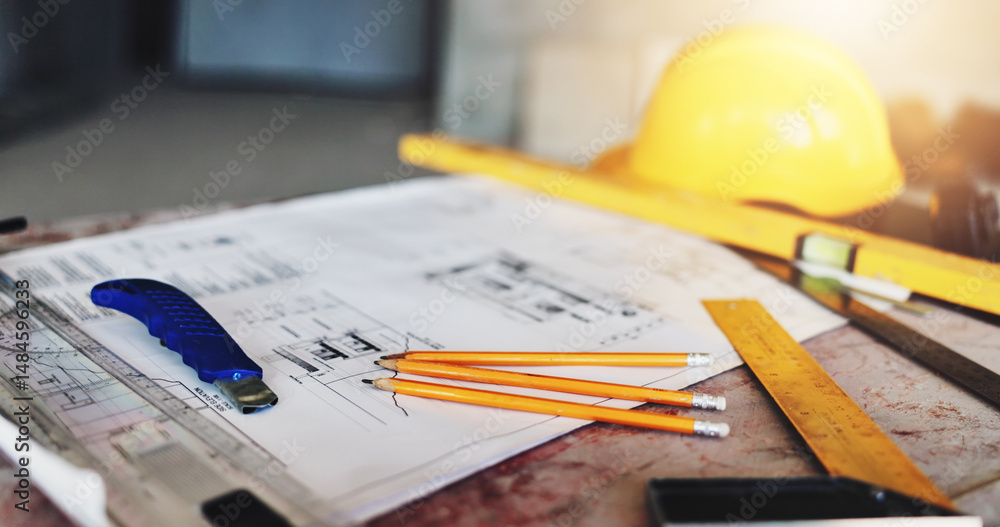 Poster Architecture, blueprint and drawing tools on table for renovation project, building design and planning. Pencil, scale and ruler equipment at construction site for floor plan and development process