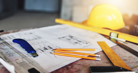 Architecture, blueprint and drawing tools on table for renovation project, building design and...