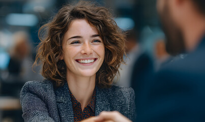 The businesswoman reached a cooperation with the client and had a friendly handshake with a smile. Salesperson, B2B,B2C,C2B, business, finance, background, poster, wallpaper, base image, professional