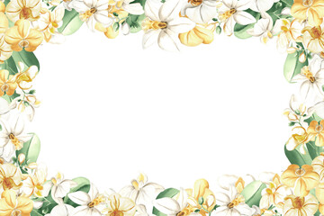 Frame from orchid flowers with leaves watercolor isolated illustration. Postcard template from exotic tropical blooming plant. Hand drawn phalaenopsis in realistic style. Floral border with copy space