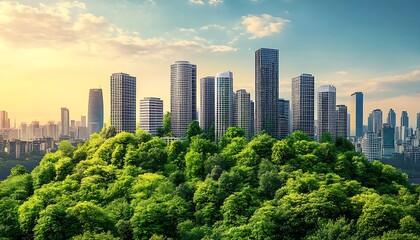 Obraz premium City nestled in lush greenery at sunset