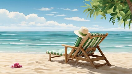 Fototapeta premium Striped Beach Chair with Sun Hat on Sandy Shore – Peaceful Oceanfront Vacation Scene