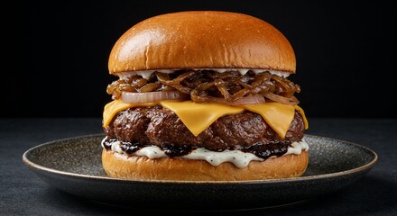 Gourmet wagyu burger with melted cheese on black plate - premium beef burger photography for restaurant menus, food delivery apps, and burger joint advertising