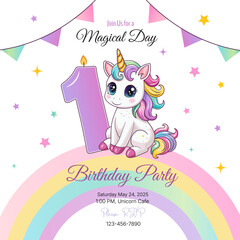 An invitation to a birthday party. Cute unicorn with the number 1. Vector illustration.