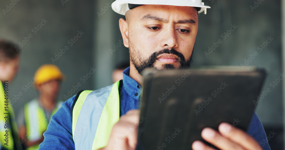 Leinwandbilder building, civil engineering and tablet with construction worker man on site for development or inspe