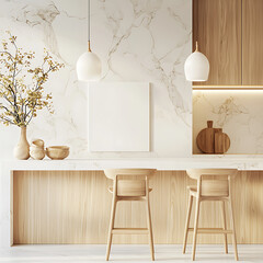 Modern kitchen with marble accents, featuring wooden elements and stylish decor, creates warm and inviting atmosphere
