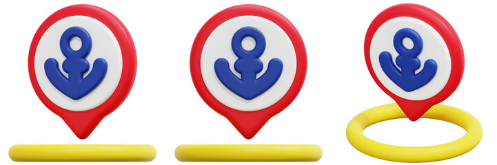 Obraz premium Set of 3D Red White and Blue Anchor Map Markers with Yellow Rings 3d Render Icon Illustration