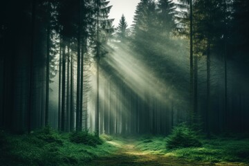 Obraz premium A forest with tall trees green vegetation rainforest.