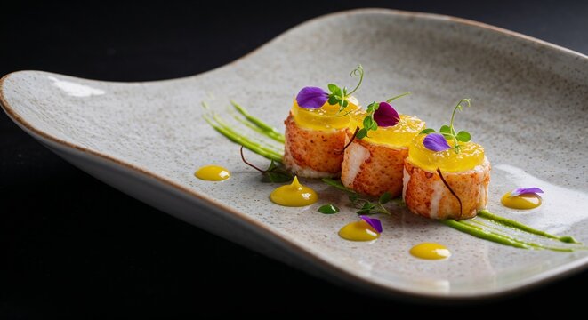 Lobster medallion with citrus gel on elegant plate for gourmet food blogs, restaurant menu design, fine dining photography, and luxury cuisine marketing