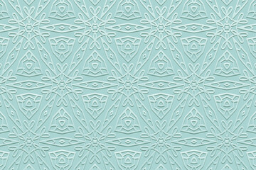 Geometric light blue background, tribal cover design, ethnic banner. Lace 3D pattern, boho style. Relief ornaments, arabesques, mandala. Motifs of the East, Asia, India, Mexico, Aztec, Peru.