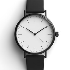 A stylish black and white minimalist wristwatch against a bright white background