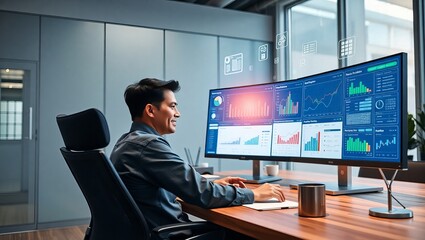 Fototapeta premium A young Asian male professional working on a large monitor displaying data analytics in a modern office.