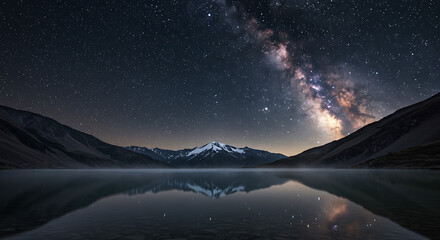 Fototapeta premium Serene Mountain Lake Reflecting Starry Night Sky and Milky Way