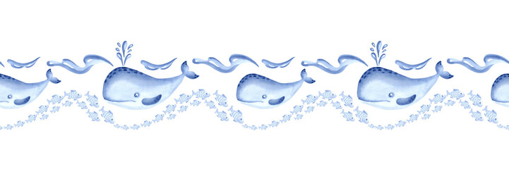 Sperm whale and sea wave with flock fish watercolor blue seamless border for kids design. Hand drawn isolated illustration of marine animal characters. Underwater ocean inhabitants in sketch style.