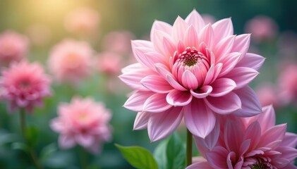 Obraz premium Repeating dahlia motif, pastel hues, soft focus , botanical, textile, wedding