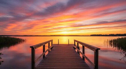Obraz premium Serene Sunset Over Calm Lake with Wooden Dock