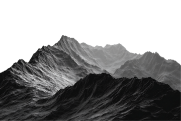Grayscale Digital Mountain Range on Transparent Background, PNG