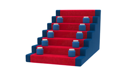 Fototapeta premium Vibrant staircase features blue and red steps adorned with prescription drug containers, highlighting intersection of health and economics drug
