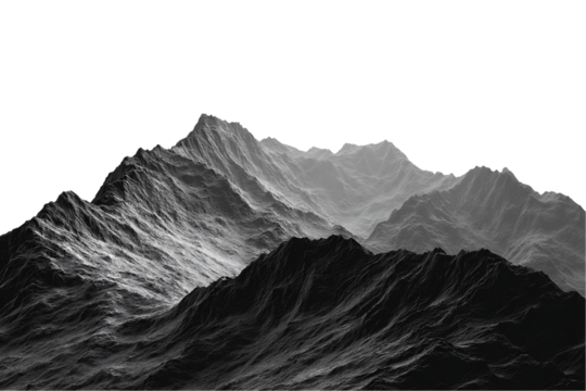 Grayscale Digital Mountain Range on Transparent Background, PNG
