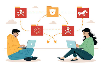 Cybersecurity Illustration: People with Laptops Connecting to Folders with Viruses and Secure Data, Data Protection.