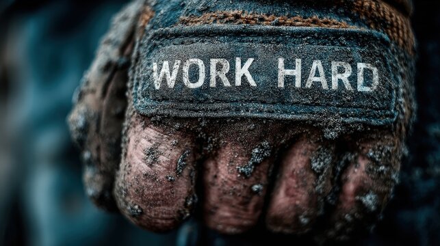Hard Work's Grip: A close-up shot of a gloved hand firmly clenched, the fabric bearing the impactful words "WORK HARD," a visual testament to dedication and perseverance.