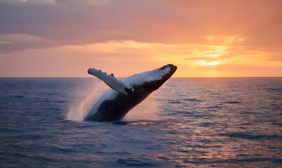 Fototapeta premium At sunset, the magnificent whale's plume rises above the ocean's surface, its water droplets illuminated by the sunlight. Generative AI