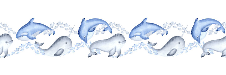 Dolphin, narwhal and killer whale with fish watercolor blue seamless border for kids design. Hand drawn isolated illustration of marine animal characters. Underwater ocean inhabitants in sketch style. © susie_p_art
