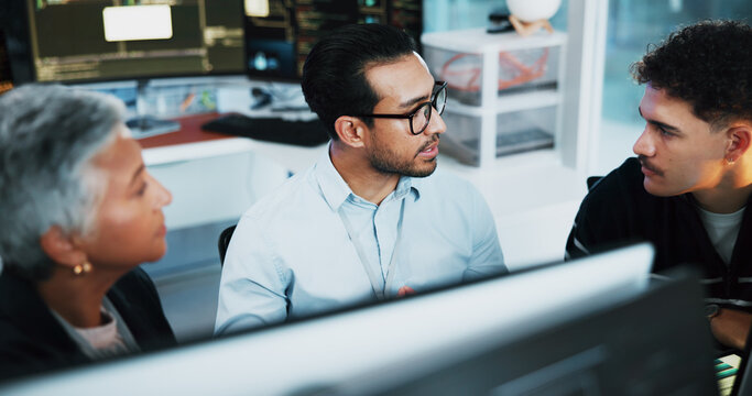 Teamwork, developer and people on computer in office for programming, coding training and server update. Helping, manager and talking for testing pc, IT intern or website and troubleshooting system