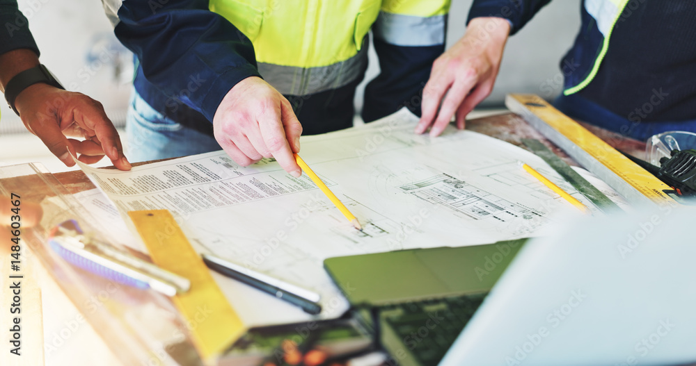 Leinwandbilder blueprints, hands and laptop with construction worker people closeup on building site for planning. 