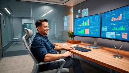 A young Asian male professional analyzing data on dual monitors in a modern office setting, exuding confidence and focus.