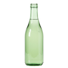 A slender, green glass bottle filled with a clear, refreshing liquid is centered