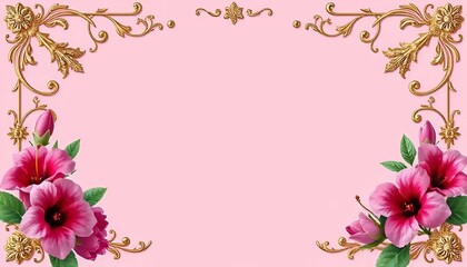 Gold frame with flowers in pink tones with copy space