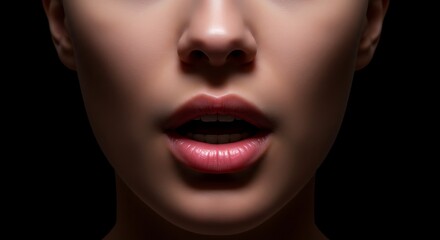 Fototapeta premium Open Mouth Close Up with Lips and Nose Against Dark Background