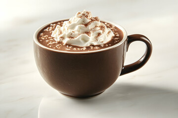 Delicious cup of hot chocolate with whipped cream and cocoa powder