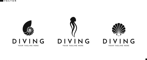 Sea life logo vector. Abstract jellyfish scallop and nautilus shell © Aleksei_7799