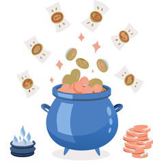 Pot of Fortune: A whimsical illustration features a vibrant pot overflowing with golden coins, while floating papers with emblem above it, depicting wealth, prosperity, and abundance.