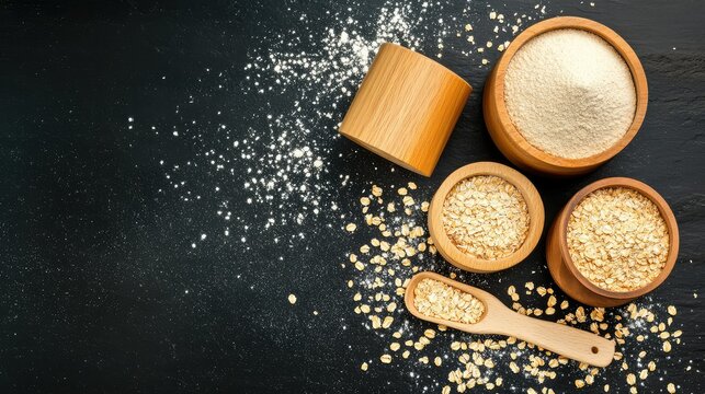 Top view of oat flour and rolled oats in wooden containers on dark textured surface