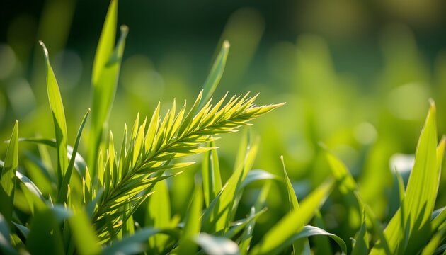 a close up of tall green grass with a prominent blade in focus against a blurred background of more