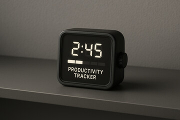 Modern Black Productivity Tracker Clock on Gray Shelf &ndash; Minimal Digital Display