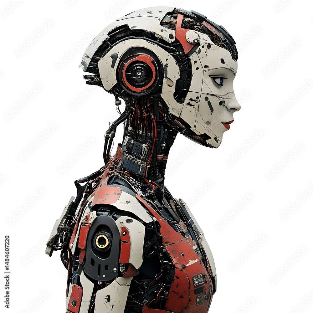 Poster detailed side profile of a humanoid robot with intricate mechanical design