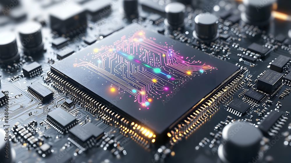 Fototapete Detailed view of a computer processor with colorful circuitry