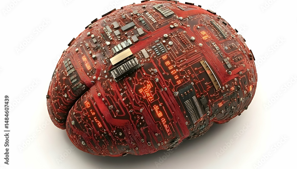 Poster digital brain representation of circuit board components on white background