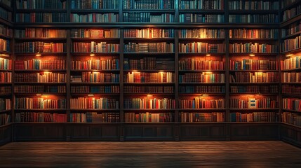 Amber light illuminates the shelves of an old library