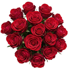 Obraz premium Vivid red roses bouquet viewed from above, showcasing deep velvet petals with green foliage