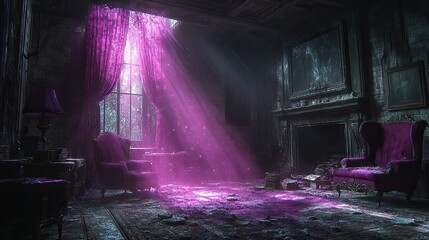 Amethyst dust sparkles in a beam of moonlight, illuminating a forgotten attic filled with antique furniture, cobwebs hang like delicate curtains, a sense of nostalgia and faded grandeur