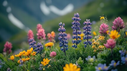Fototapeta premium Amethyst flowers bloom in a hidden meadow, their vibrant colors contrasting with the surrounding greenery, a feeling of unexpected beauty and natural wonder