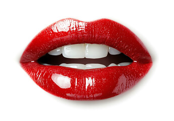 Obraz premium Glossy red lips with bright smile showcase vibrant lip gloss, creating alluring and captivating look